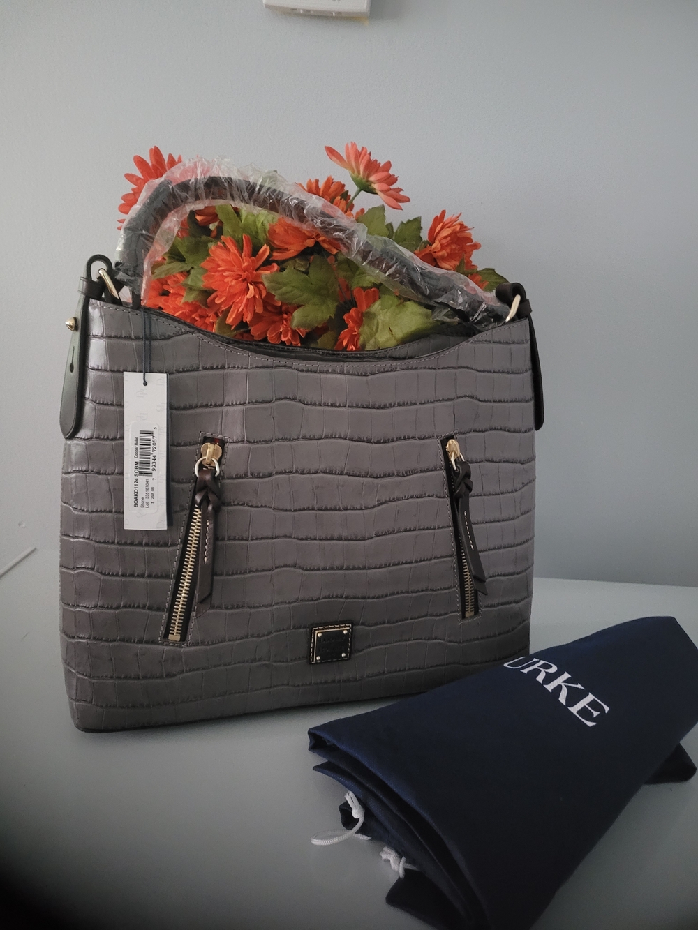 Dooney & Bourke Gray Croc-Embossed Shoulder Bag with Gold Hardware